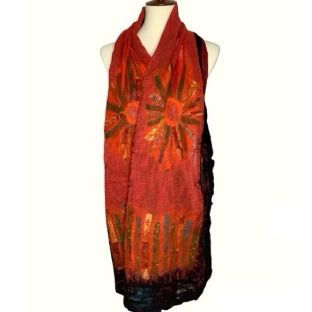 Pomegranate Moon Felted Merino Wool Silk Chiffon Scarf Orange Red Sunburst Nepal
